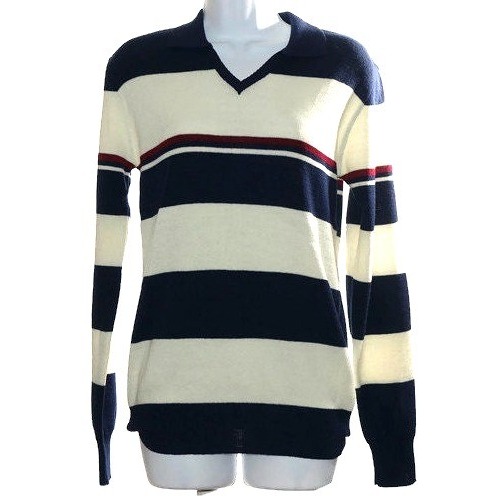 Gap Sweater Mens Medium Navy Blue White Striped V-Neck Polo Collar Vintage Nwt